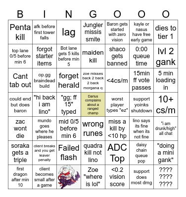 The lol experience Bingo Card
