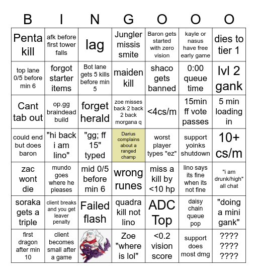 The lol experience Bingo Card