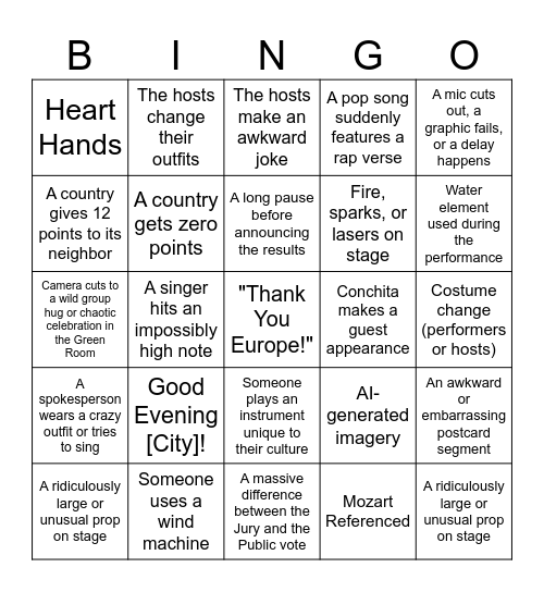 Eurovision 2026 Bingo Card