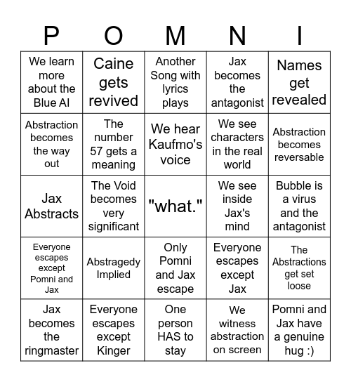 The Amazing Digital Circus Finale Bingo Card