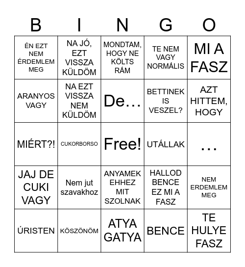 Lili reakcio bingo Card