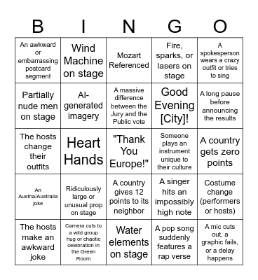 Eurovision 2026 Bingo Card