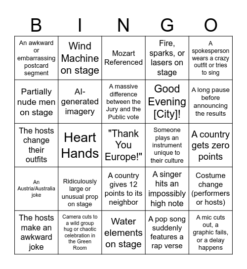 Eurovision 2026 Bingo Card