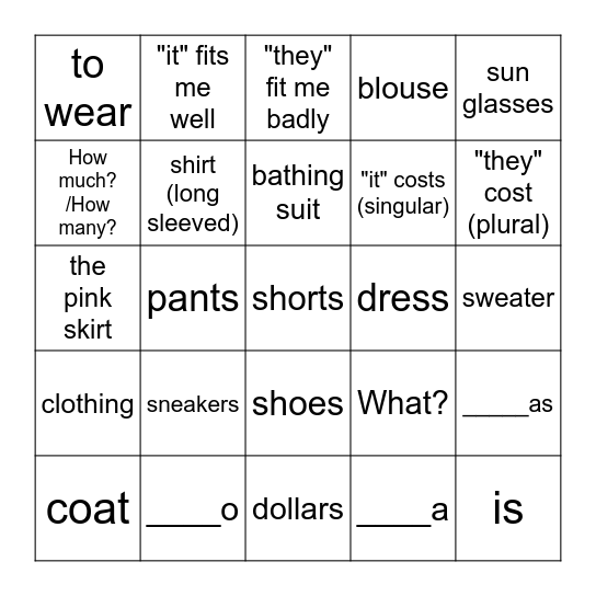 7A: la ropa Bingo Card