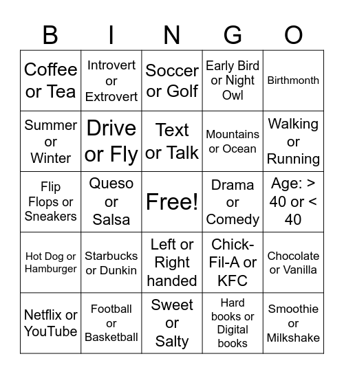 Things in Common Bingo Board Bingo Card