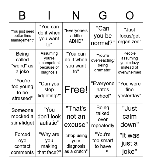 Neurodivergent Microaggressions Bingo Card