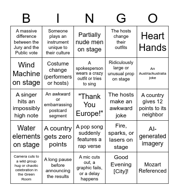 Eurovision 2026 Bingo Card