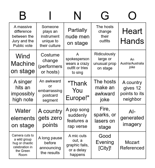 Eurovision 2026 Bingo Card