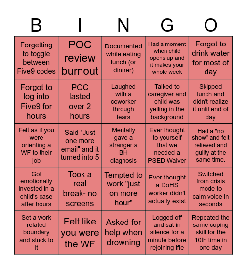 CSED BURNOUT BINGO Card