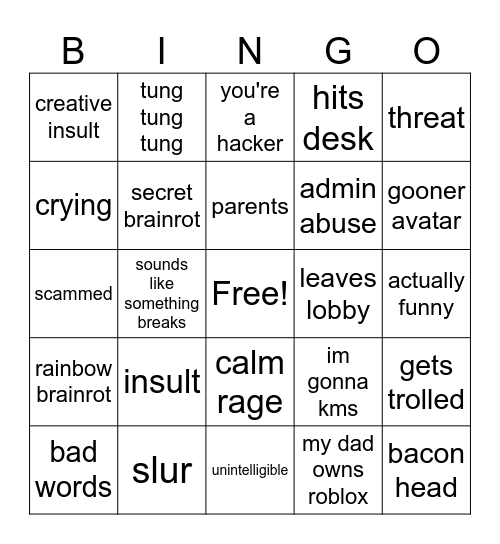 roblox crashouts rage brainrot Bingo Card