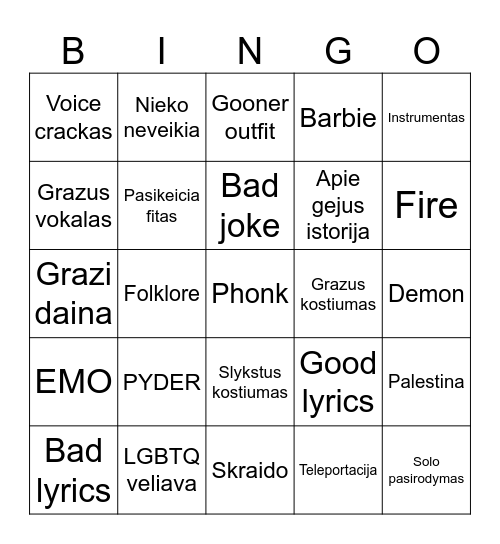 Eurovision semi-final 2 Bingo Card