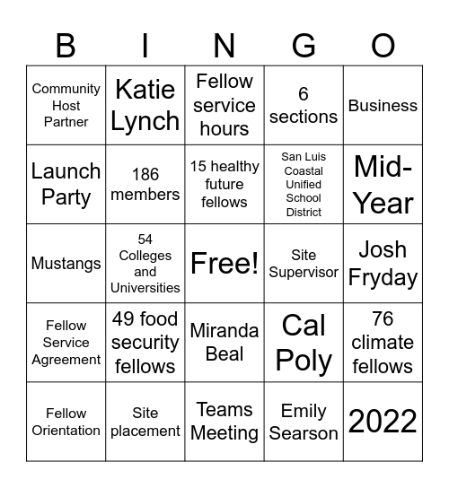 College Corps Bingo Card