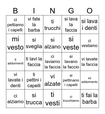 I Verbi Riflessivi Bingo Card