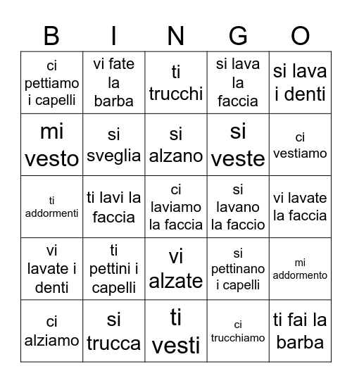I Verbi Riflessivi Bingo Card