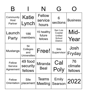 College Corps Bingo Card