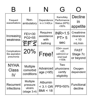 Hospice Eligibility Bingo Card