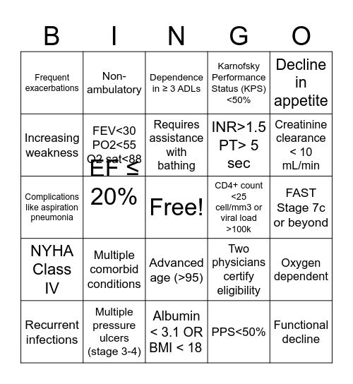 Hospice Eligibility Bingo Card