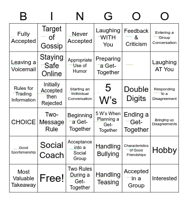 PEERS® Teen Curriculum Bingo Card