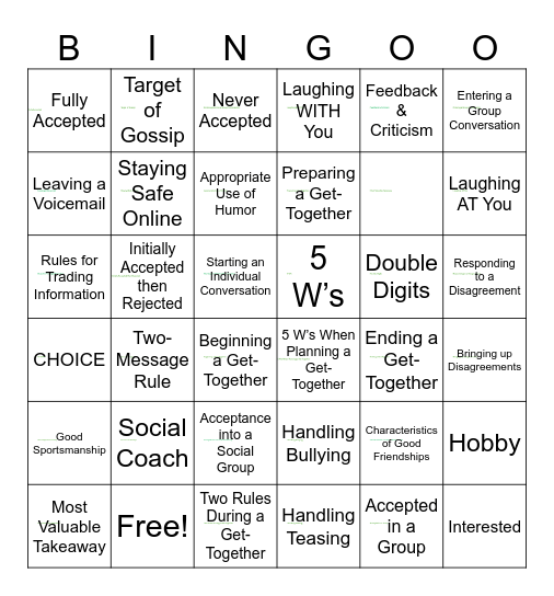 PEERS® Teen Curriculum Bingo Card