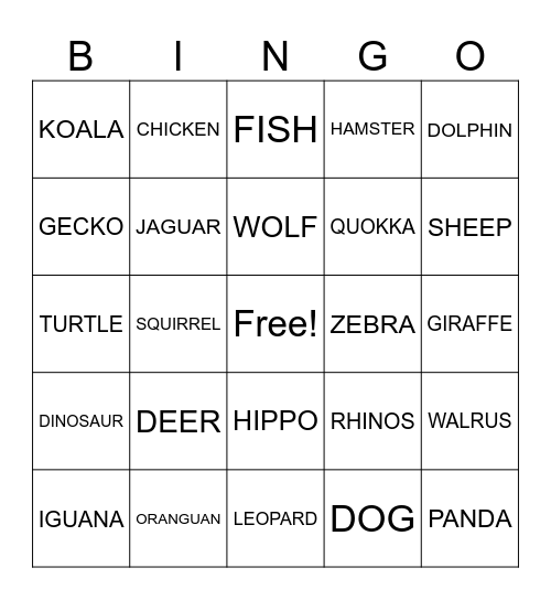 ANIMALS Bingo Card