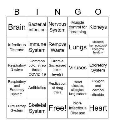 Human Body Systems BINGO Card