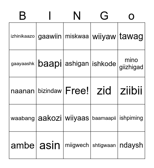Ojibwe Bingo Card