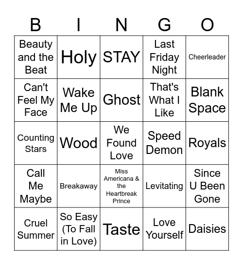 The Biebs and Swiftie Radio Bingo Card