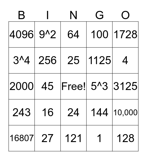 Exponents Bingo Card