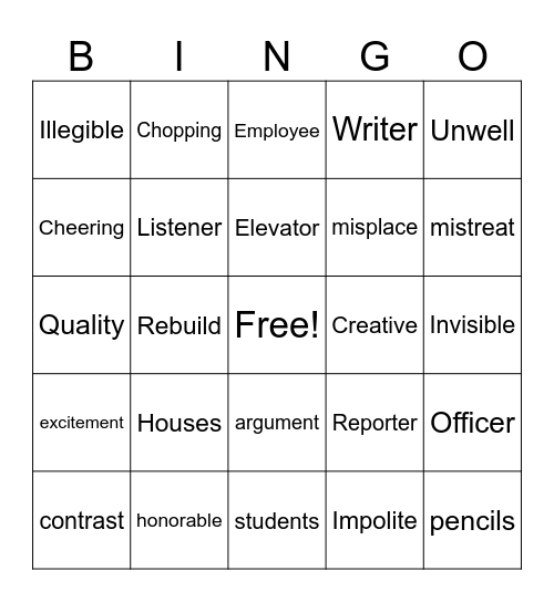 Suffix Words Bingo Card