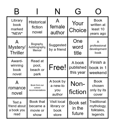 UTVA Summer Reading Challenge Bingo Card