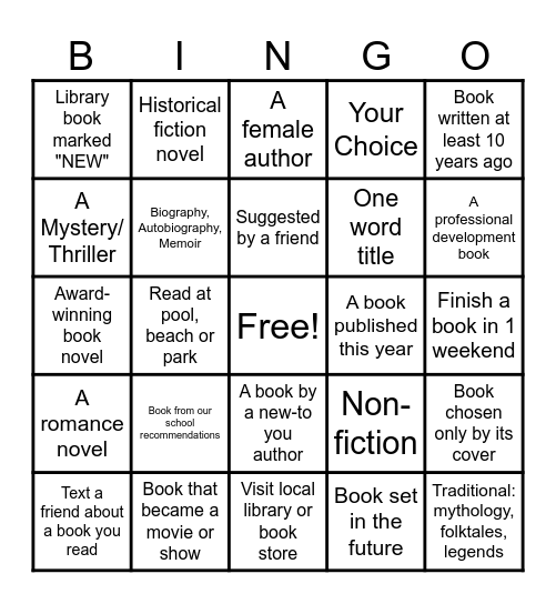 UTVA Summer Reading Challenge Bingo Card