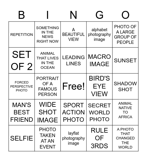 PHOTOGRAPHY Bingo Card