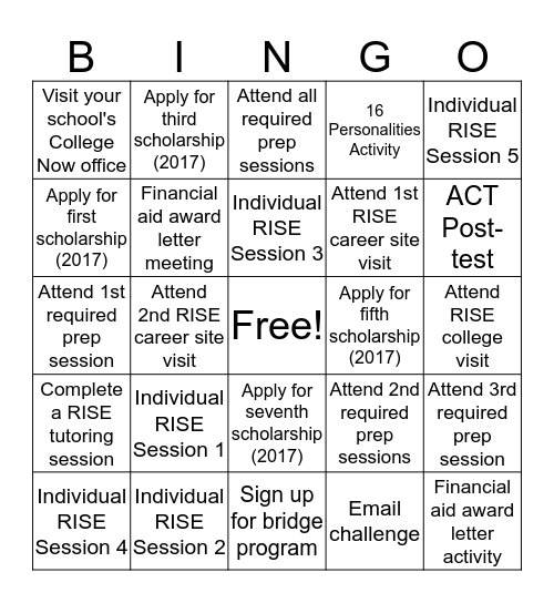 RISE Bingo--Spring 2017! Bingo Card