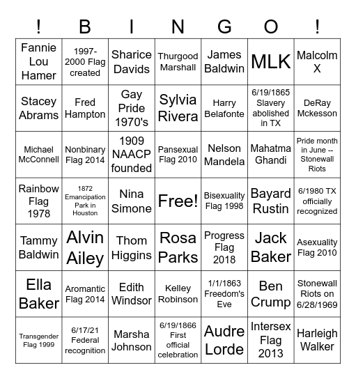 Juneteenth and Pride Bingo Card