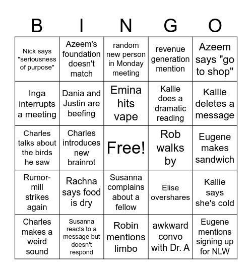 New Lines Bingo Card