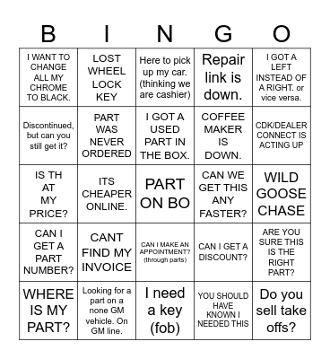 GM PARTS DEPT Bingo Card