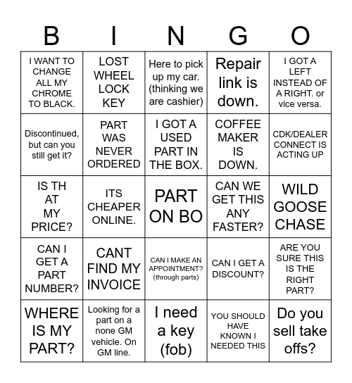 GM PARTS DEPT Bingo Card