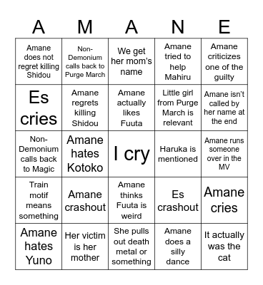 Amane T3 Bingo Card