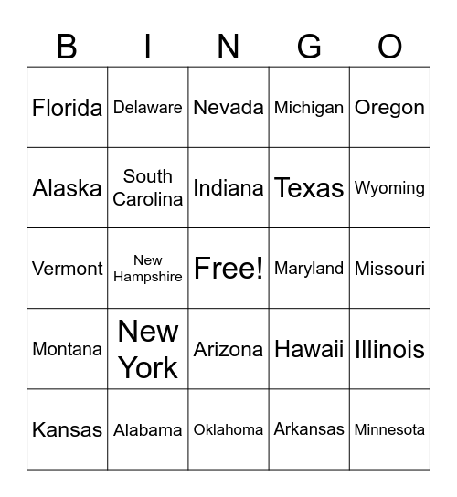States Bingo Card