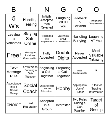 PEERS® Cirriculumn Bingo Card