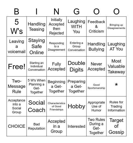PEERS® Cirriculumn Bingo Card