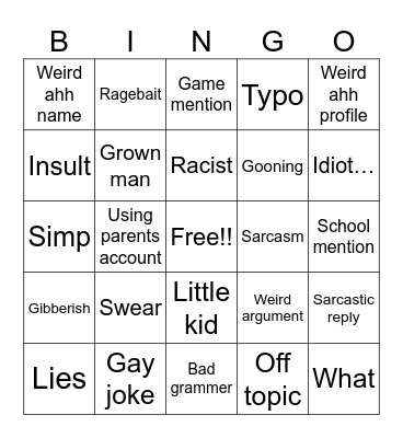 YouTube comments bingo Card
