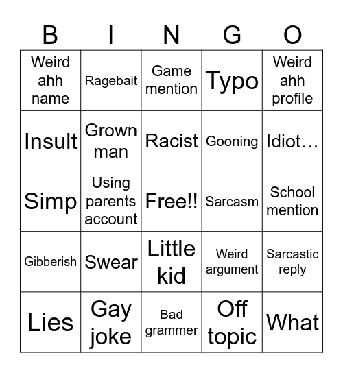 YouTube comments bingo Card