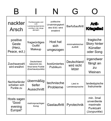 Eurovision Song Contest Bingo Card
