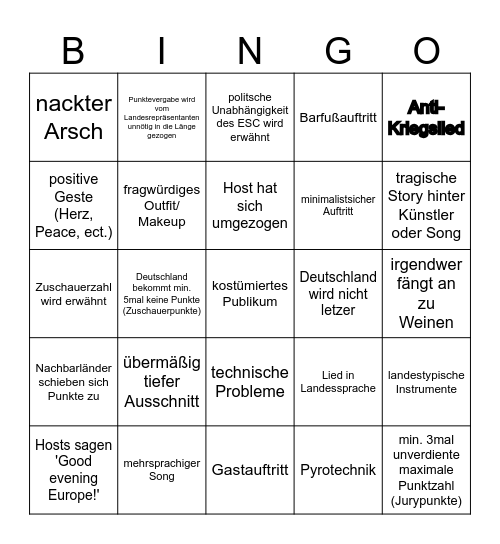 Eurovision Song Contest Bingo Card