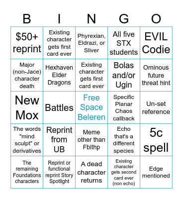 Reality Fracture Bingo Card