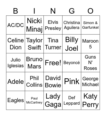 Musical Artists Bingo Card