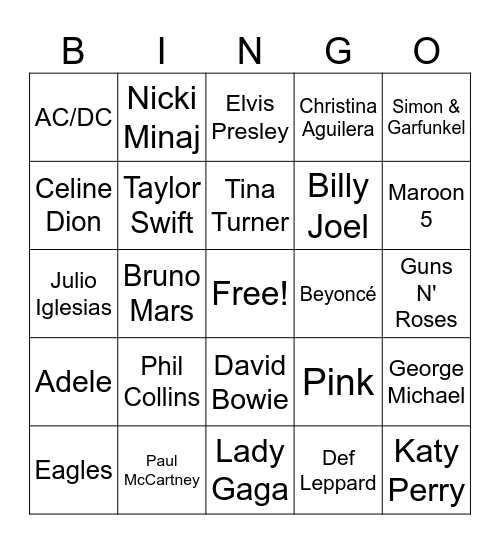Musical Artists Bingo Card