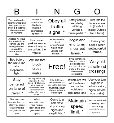 ROAD TEST BINGO Card