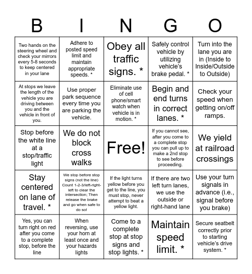 ROAD TEST BINGO Card